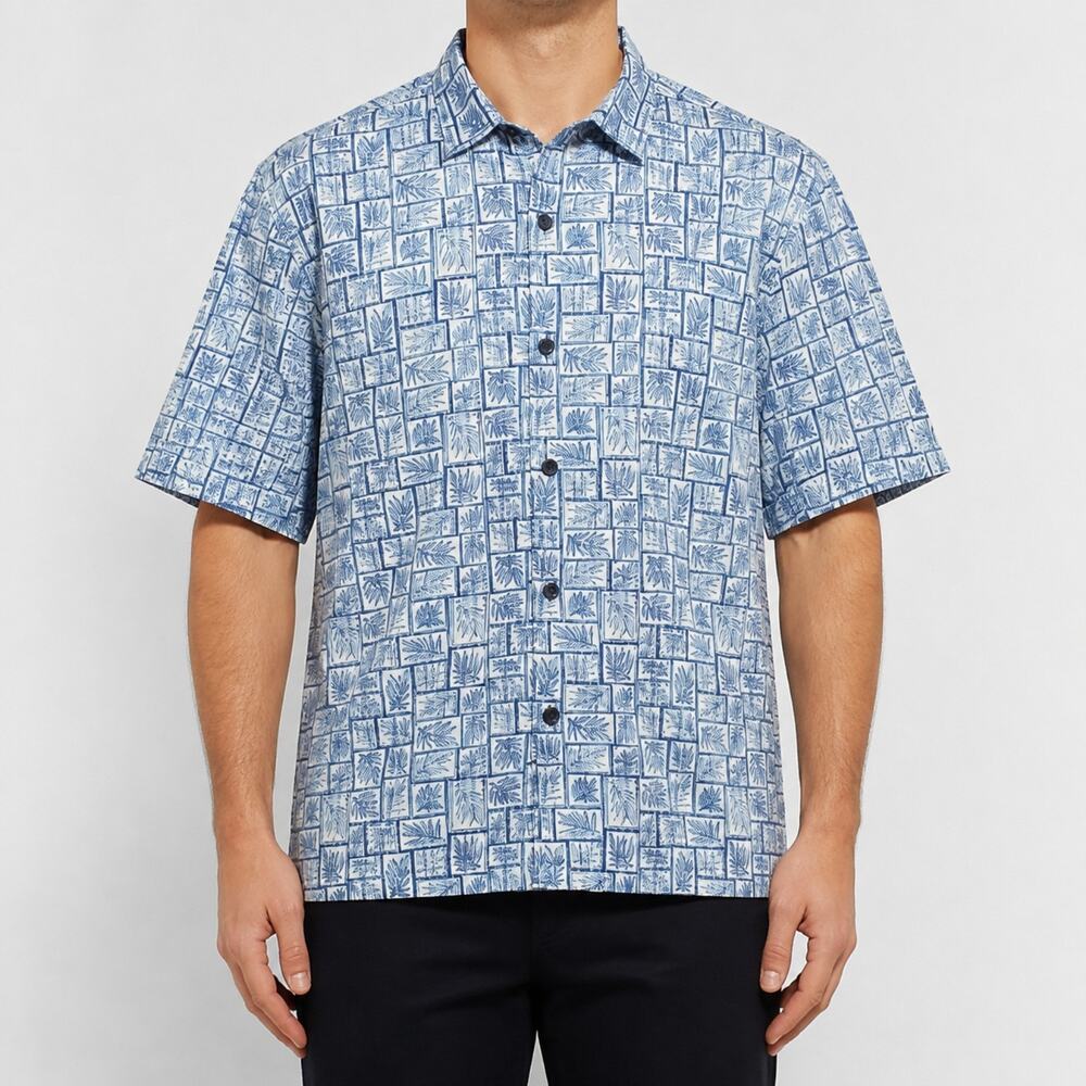 Tommy Bahama Shirt Mens Large Blue White Cotton Silk Leaf Print Button Up Casual